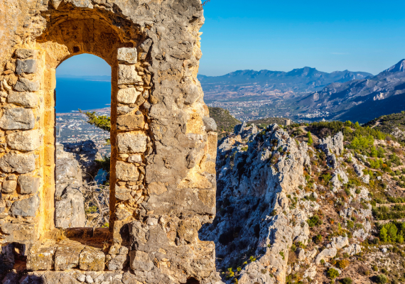  View of Kyrenia from St Hilarion Castle. Kyrenia District, Cyprus